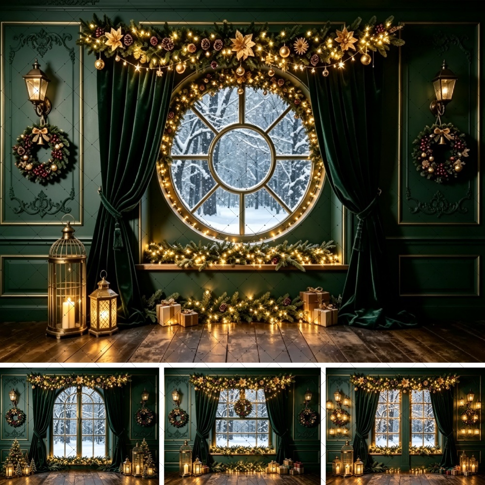 Photography Lighting Portrait - Christmas Green Window Scene Backdrop Xmas